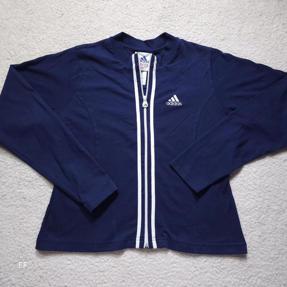 Adidas Women's L Zip Front Long Sleeve Top Navy Blue Cotton Stripe Trim Logo